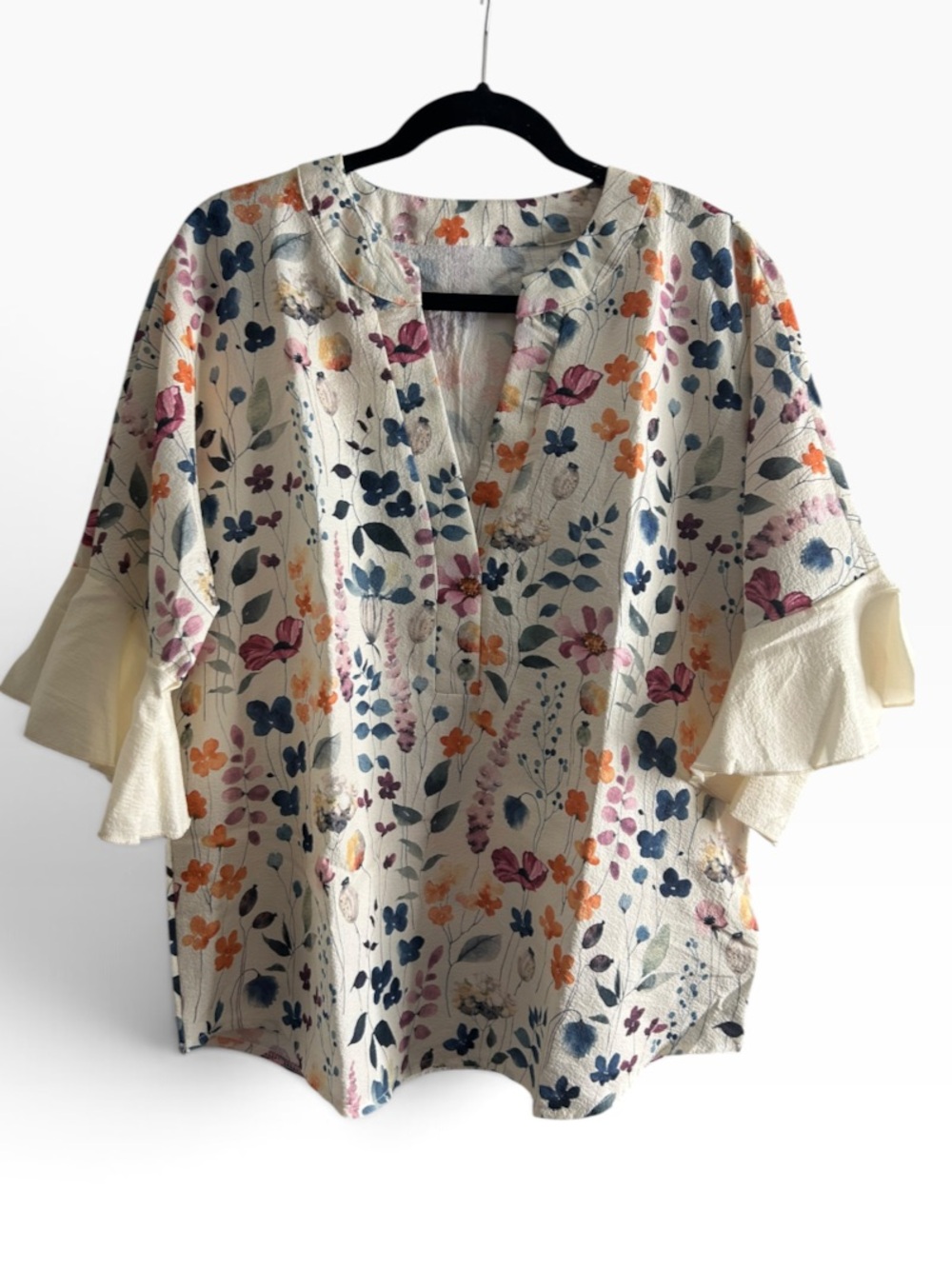 Watercolor Floral Split V-Neck Blouse with Tiered Ruffle Cuffs
